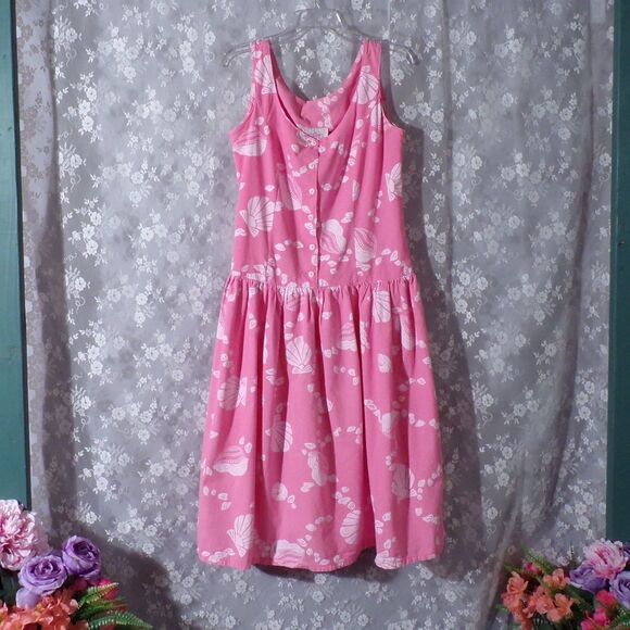 Vintage 80s Dress Size Medium 1980s Pink Seashells Coastal Beachy Vacation Retro - Picture 1 of 7